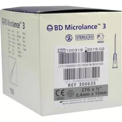 BD MICROLANCE 3 cânulas especiais 27 G 1/2 0,4x13 mm, 100 peças BD MICROLANCE 3 cânulas especiais 27 G 1/2 0,4x13 mm, 100 peças