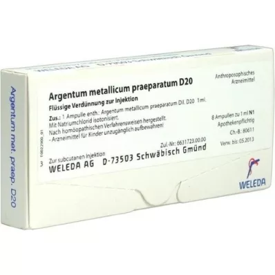 ARGENTUM METALLICUM praeparatum D 20 ampolas, 8 unid