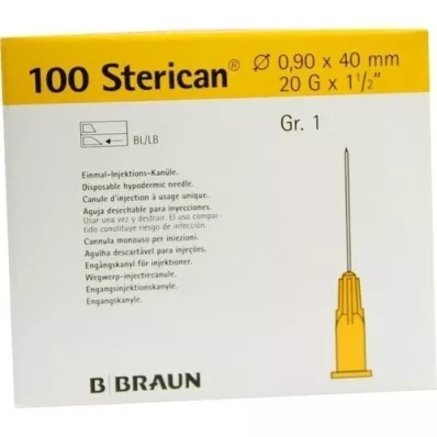 STERICAN Cânulas Luer-Lok 0,90x40 mm tamanho 1 amarelo, 100 peças STERICAN Cânulas Luer-Lok 0,90x40 mm tamanho 1 amarelo, 100 peças