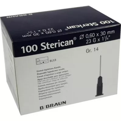 STERICAN Cânulas Luer-Lok 0,60x30 mm tamanho 14 azul, 100 peças STERICAN Cânulas Luer-Lok 0,60x30 mm tamanho 14 azul, 100 peças