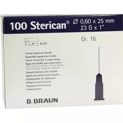 STERICAN Cânulas Luer-Lok 0,60x25 mm tamanho 16 azul, 100 peças STERICAN Cânulas Luer-Lok 0,60x25 mm tamanho 16 azul, 100 peças
