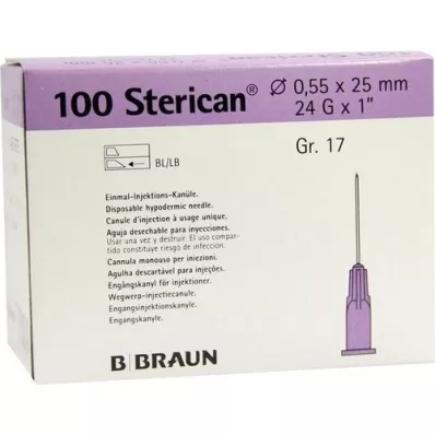 STERICAN Cânulas Luer-Lok 0,55x25 mm tamanho 17 roxo, 100 peças