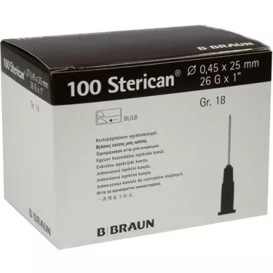 STERICAN Cânulas Luer-Lok 0,45x25 mm tamanho 18 marrom, 100 peças STERICAN Cânulas Luer-Lok 0,45x25 mm tamanho 18 marrom, 100 peças