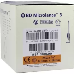 BD MICROLANCE Cânula 25 G 5/8 0,5x16 mm, 100 unidades