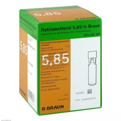 NATRIUMCHLORID 5,85% Castanho MPC Solução para perfusão, 20X20 ml NATRIUMCHLORID 5,85% Castanho MPC Solução para perfusão, 20X20 ml