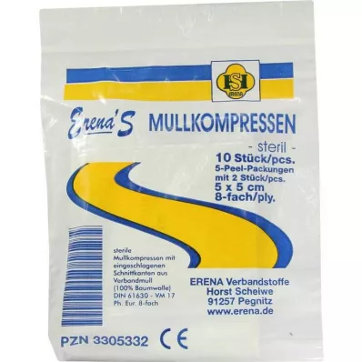 ERENA Compressa de gaze 5x5 cm estéril, 8 dobras, 5X2 pcs ERENA Compressa de gaze 5x5 cm estéril, 8 dobras, 5X2 pcs