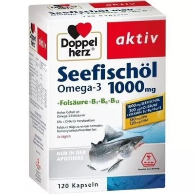 DOPPELHERZ Óleo de peixe do mar Omega-3 1.000 mg+Fols.Caps., 120 Cápsulas