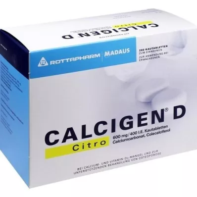 CALCIGEN D Citro 600 mg/400 U.I. Comprimidos mastigáveis, 200 Cápsulas