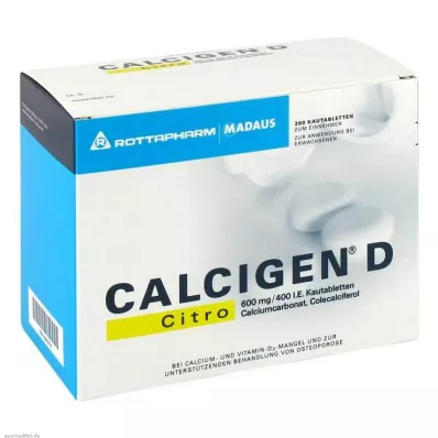CALCIGEN D Citro 600 mg/400 U.I. Comprimidos mastigáveis, 200 Cápsulas