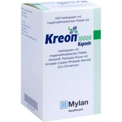 KREON 10.000 cápsulas duras com pellets com revestimento entérico, 200 unidades