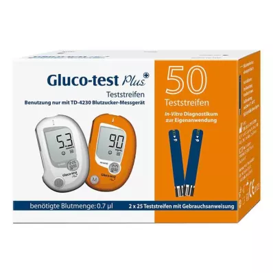 GLUCO TEST Tiras-teste de glucose no sangue Plus, 50 unidades