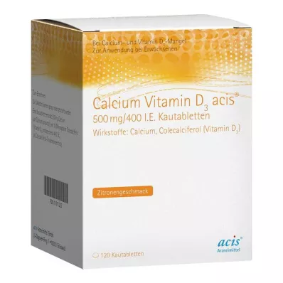 Cálcio Vitamina D3 acis® 500 mg/400 UI comprimidos mastigáveis, 120 unidades Cálcio Vitamina D3 acis® 500 mg/400 UI comprimidos mastigáveis, 120 unidades