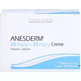 ANESDERM 25 mg/g + 25 mg/g creme + 10 adesivos, 5X5 g