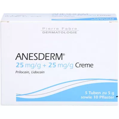 ANESDERM 25 mg/g + 25 mg/g creme + 10 adesivos, 5X5 g