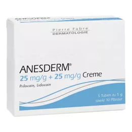 ANESDERM 25 mg/g + 25 mg/g creme + 10 adesivos, 5X5 g