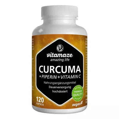 Cápsulas veganas de curcuma + piperina + vitamina C, 120 peças Cápsulas veganas de curcuma + piperina + vitamina C, 120 peças