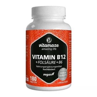 VITAMIN B12 1000 µg dose elevada + B9+B6 comprimidos vegan, 180 unid