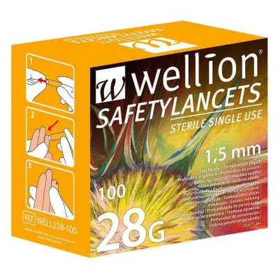 WELLION Sanitas de segurança 28 G descartáveis, 100 unidades