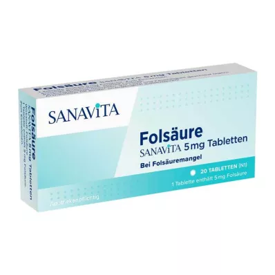Comprimidos de ácido fólico Sanavita 5 mg, 20 unidades Comprimidos de ácido fólico Sanavita 5 mg, 20 unidades