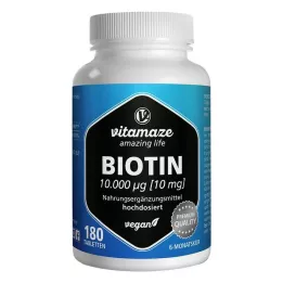 BIOTIN Comprimidos veganos de dose elevada de 10 mg, 180 unidades