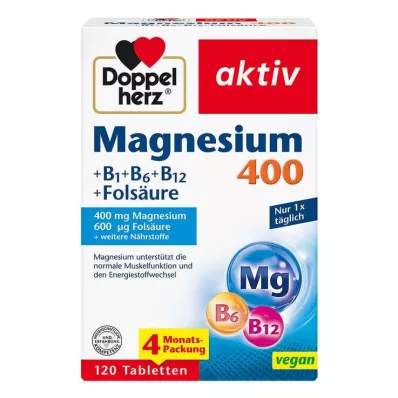 DOPPELHERZ Magnésio 400+B1+B6+B12+Ácido fólico em comprimidos, 120 unidades DOPPELHERZ Magnésio 400+B1+B6+B12+Ácido fólico em comprimidos, 120 unidades