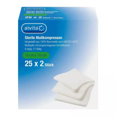 Compressas de gaze Alvita estéreis 10x10 cm, 25x2 peças Compressas de gaze Alvita estéreis 10x10 cm, 25x2 peças
