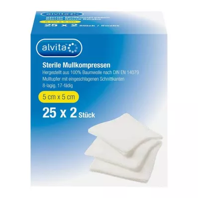 ALVITA Compressas de gaze esterilizadas 5x5 cm, 25X2 pcs ALVITA Compressas de gaze esterilizadas 5x5 cm, 25X2 pcs