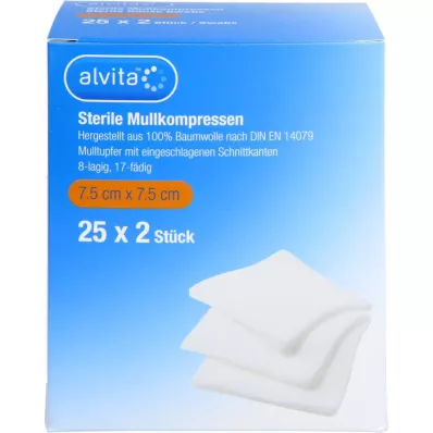 ALVITA Compressas de gaze esterilizadas 7,5x7,5 cm, 25X2 pcs