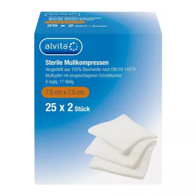 ALVITA Compressas de gaze esterilizadas 7,5x7,5 cm, 25X2 pcs ALVITA Compressas de gaze esterilizadas 7,5x7,5 cm, 25X2 pcs