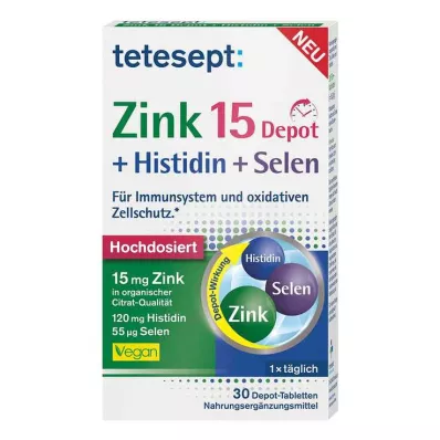 Tetesept Zinc 15 Depot + Histidina + Selênio comprimidos revestidos por película, 30 unid Tetesept Zinc 15 Depot + Histidina + Selênio comprimidos revestidos por película, 30 unid