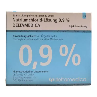 Solução de cloreto de sódio 0,9% Deltamedica Luer Pl., 20X20 ml Solução de cloreto de sódio 0,9% Deltamedica Luer Pl., 20X20 ml