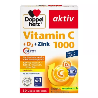 DOPPELHERZ Vitamin C 1000+D3+Zinc Depot Tablets, 30 Capsules
