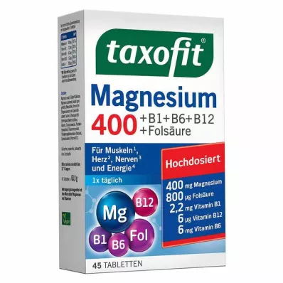 TAXOFIT Magnésio 400+B1+B6+B12+Ácido fólico em comprimidos, 45 unid TAXOFIT Magnésio 400+B1+B6+B12+Ácido fólico em comprimidos, 45 unid